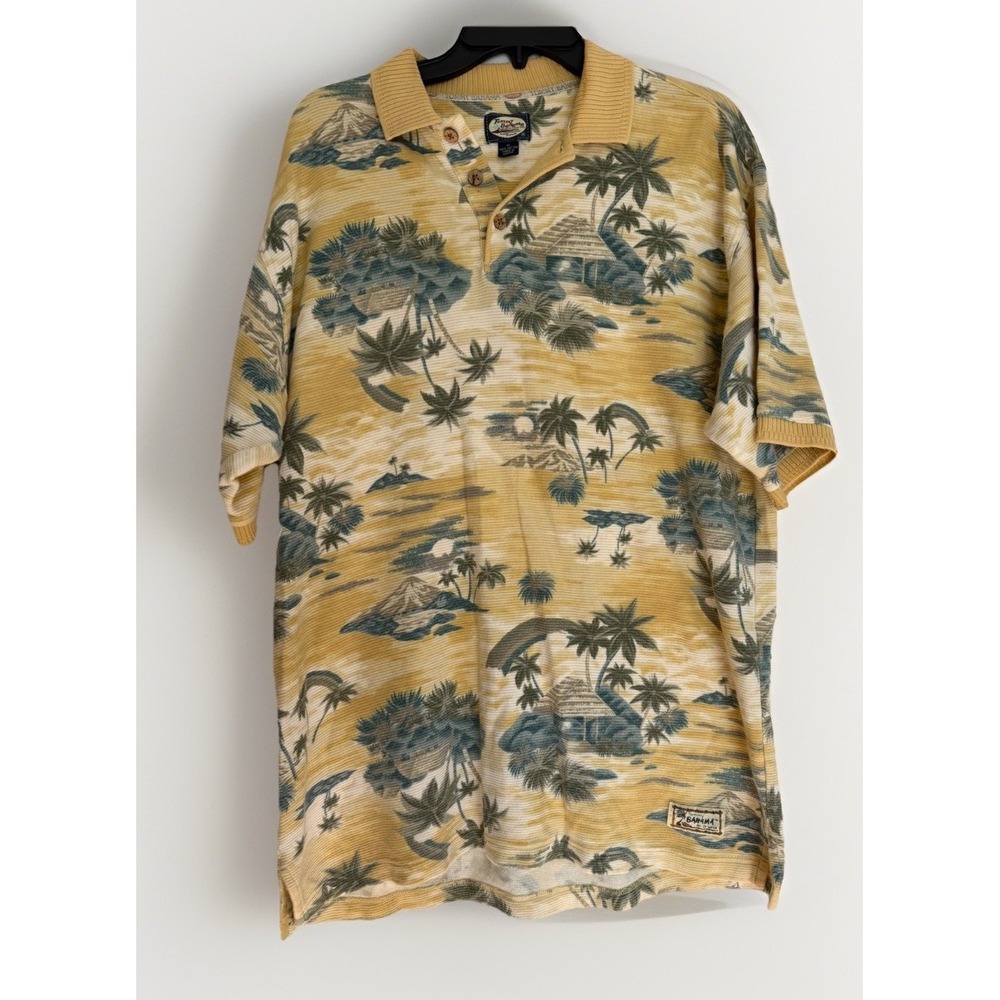 Tommy Bahama Men's Medium‎ Tropical Hawaiian Polo Shirt Yellow Palm Tree Coastal